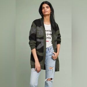 Anthropologie Moth Open Front Cozy Olive Green Camo Cardigan Sweater Sz XS
